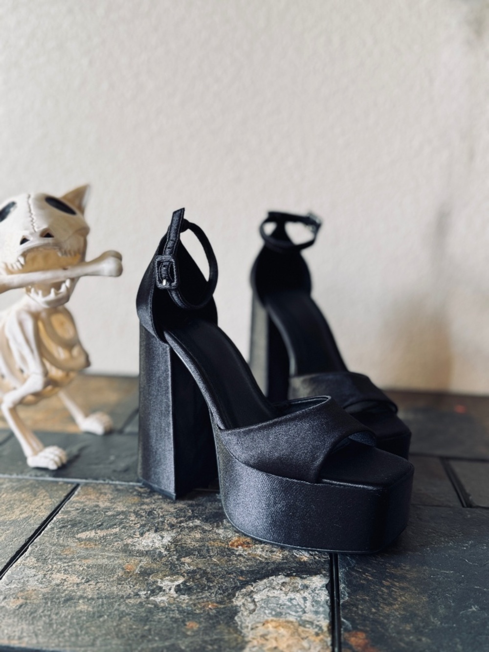 Black satin platform heels